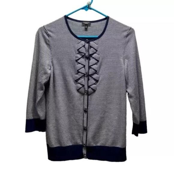 Talbots Ladies Button Front Ruffle Cardigan Medium Navy White Stripe 3/4 Sleeve - Picture 1 of 13